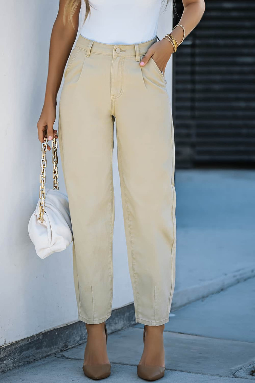 Khaki Solid High Waist Casual Pants