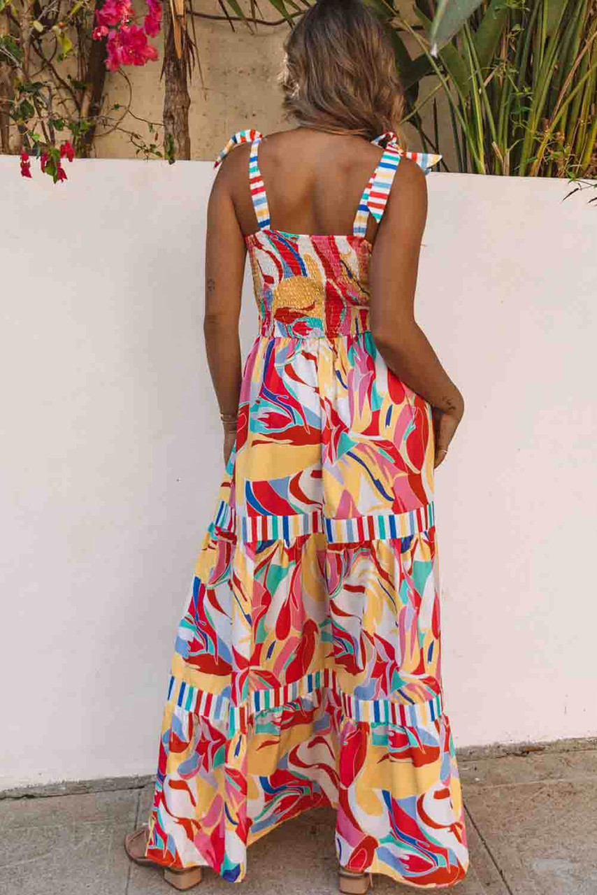 Multicolor Bohemian Abstract Print Tie Straps Maxi Dress