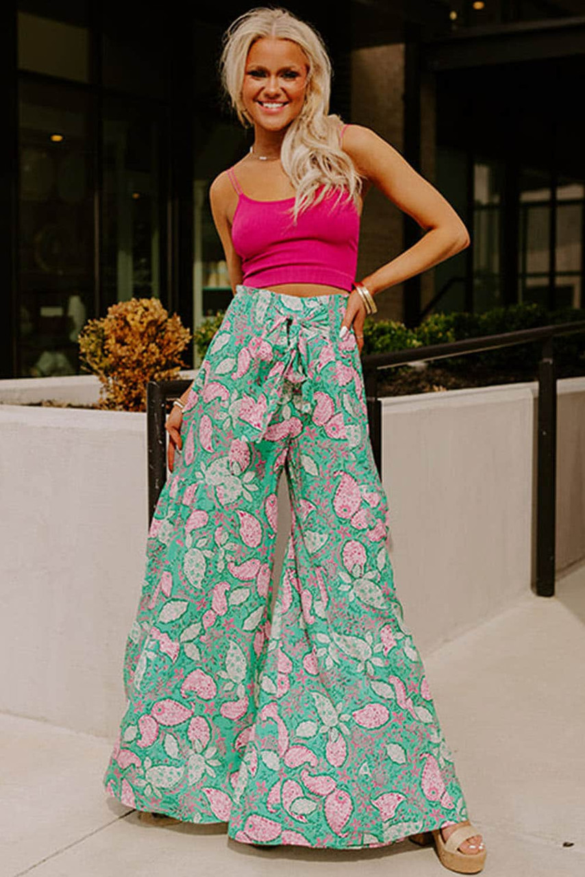 Green Boho Paisley Print Flowy Wide Leg Pants