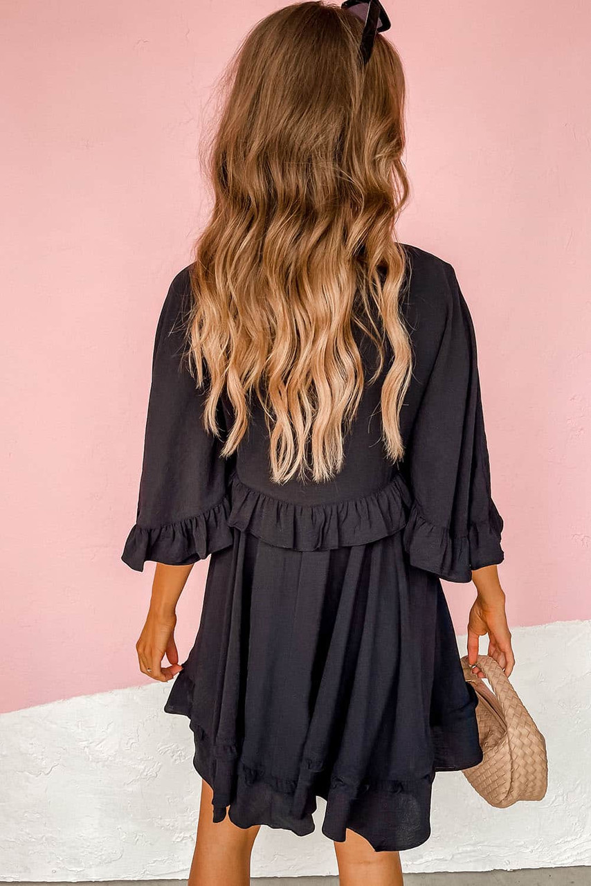 Black Ruffled 3/4 Sleeve V Neck Babydoll Mini Dress