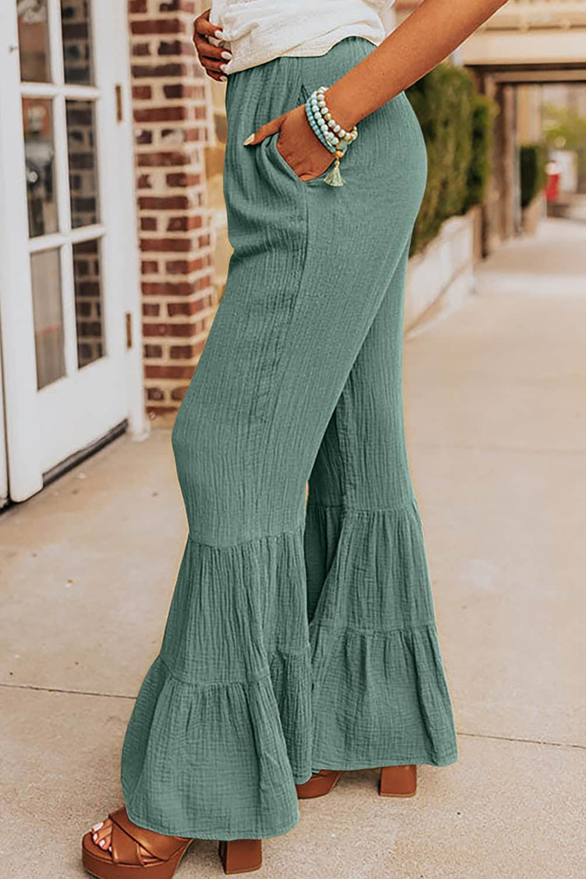 Green Textured High Waist Ruffled Bell Bottom Pants