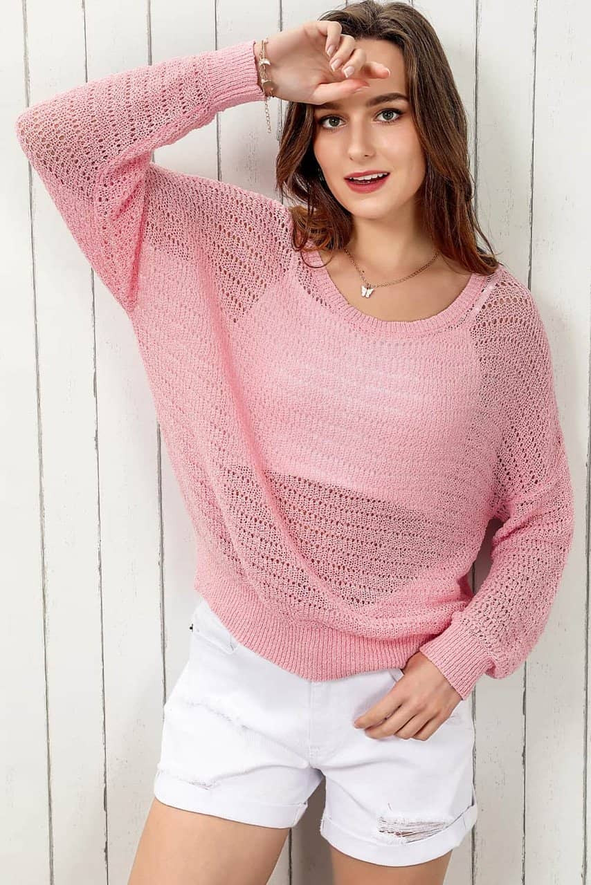 Pink Knitted Eyelets Round Neck Long Sleeve Top