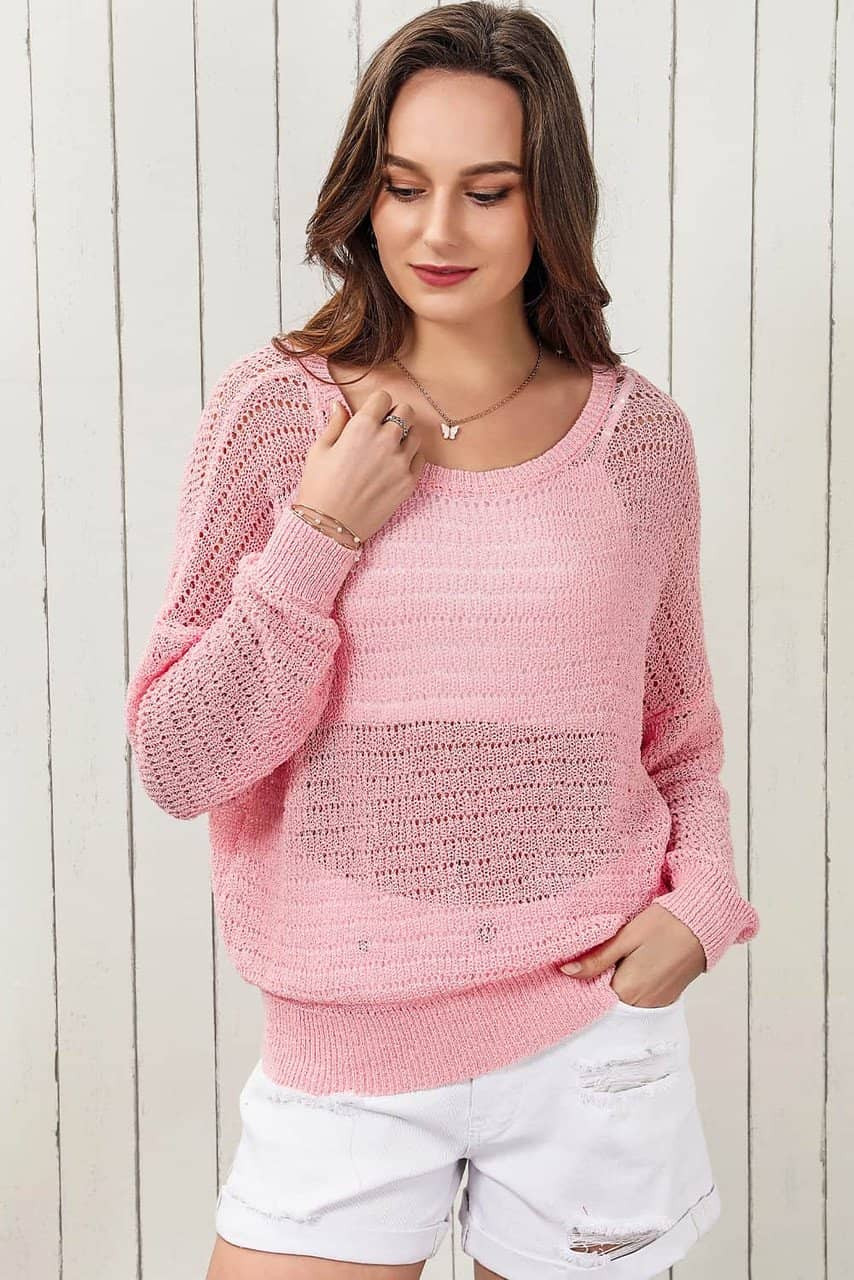 Pink Knitted Eyelets Round Neck Long Sleeve Top