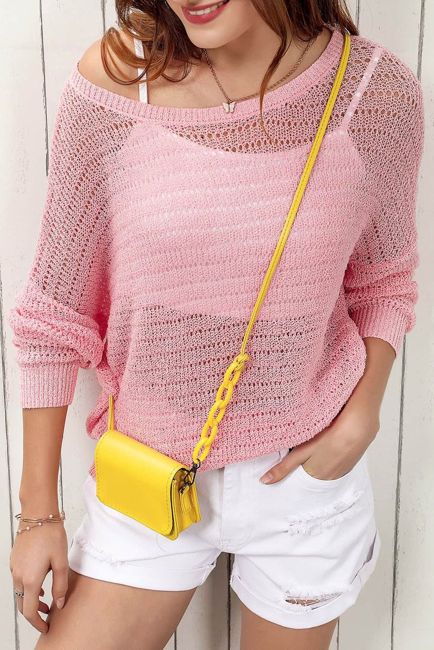 Pink Knitted Eyelets Round Neck Long Sleeve Top