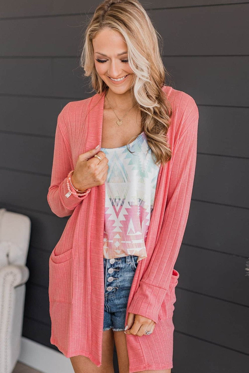 Pink Open Front Pocketed Knit Cardigan