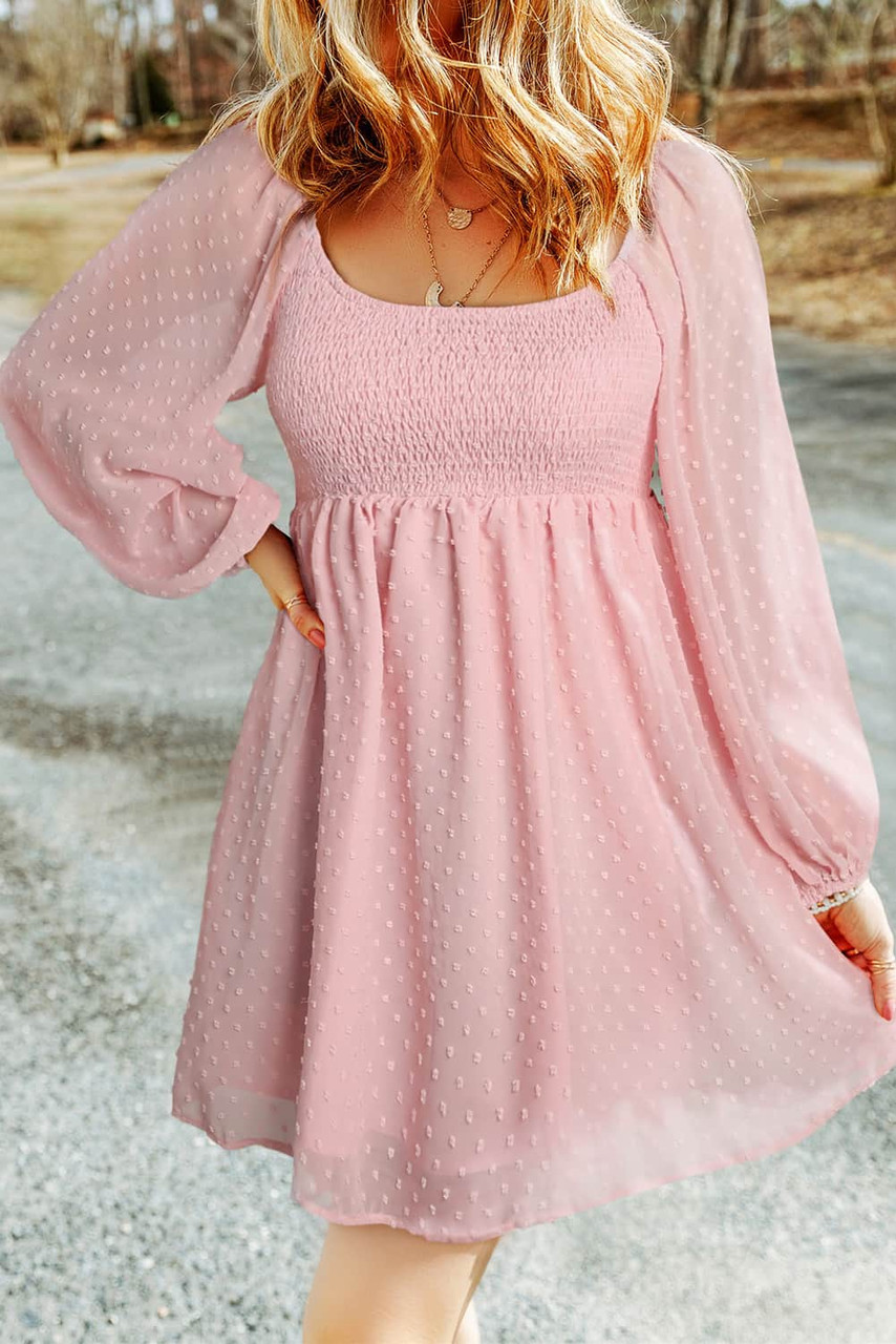 Pink Swiss Dot Smocked Puff Sleeve Mini Dress