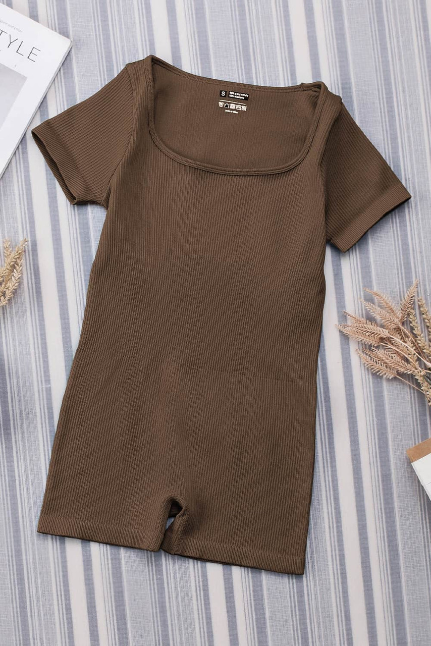 Brown Ribbed Square Neck Short Sleeve Athleisure Romper