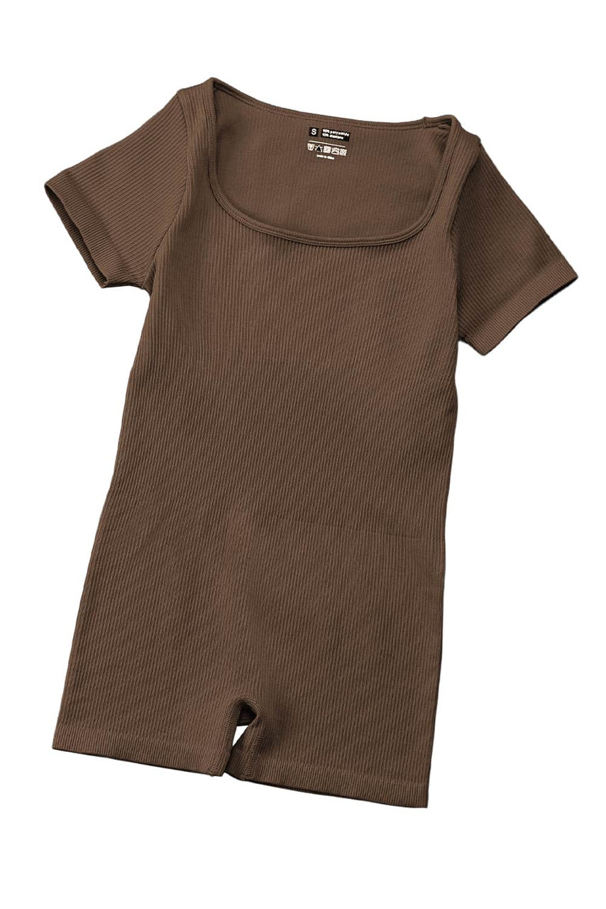 Brown Ribbed Square Neck Short Sleeve Athleisure Romper