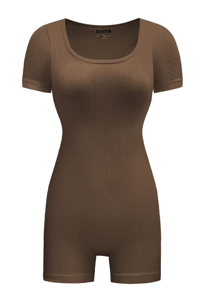 Brown Ribbed Square Neck Short Sleeve Athleisure Romper