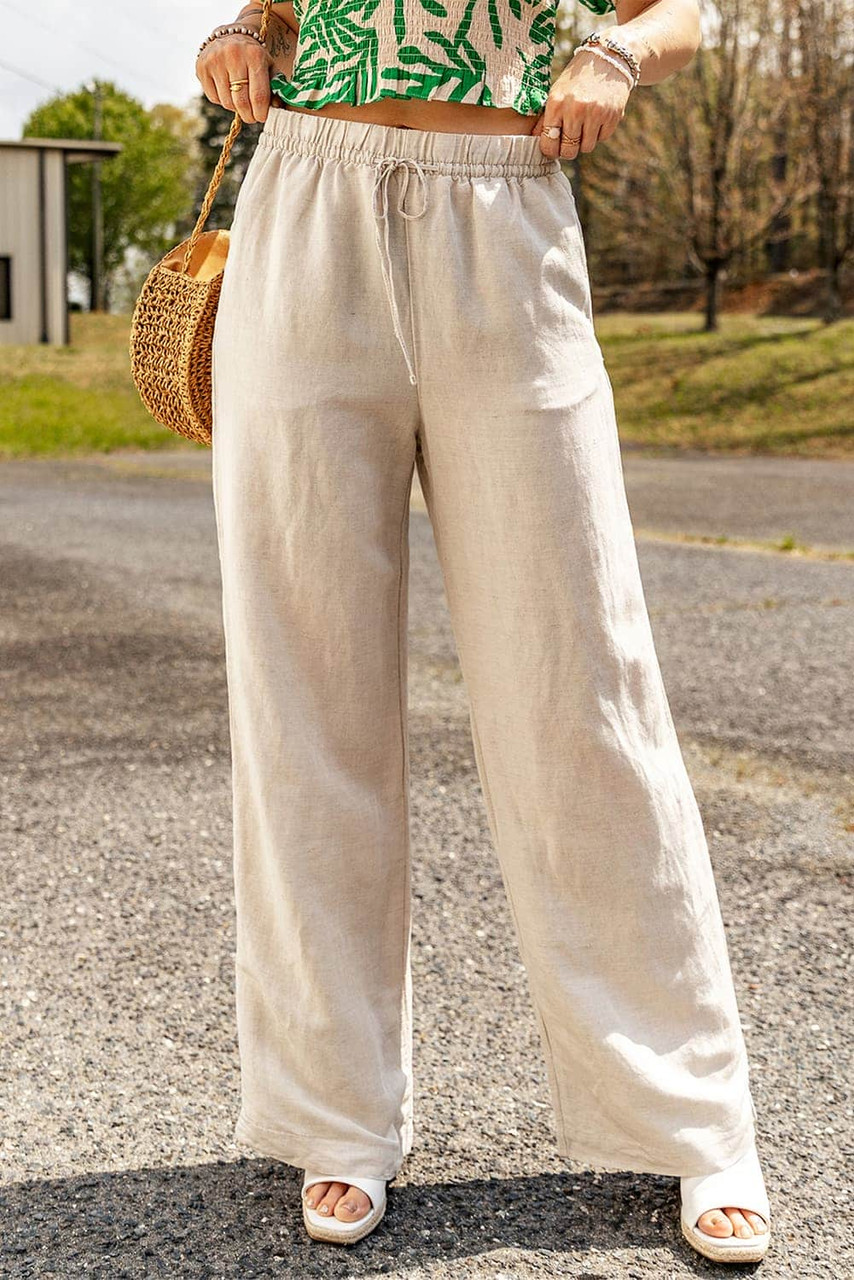 Apricot Linen Elastic Drawstring Waist Loose Pants