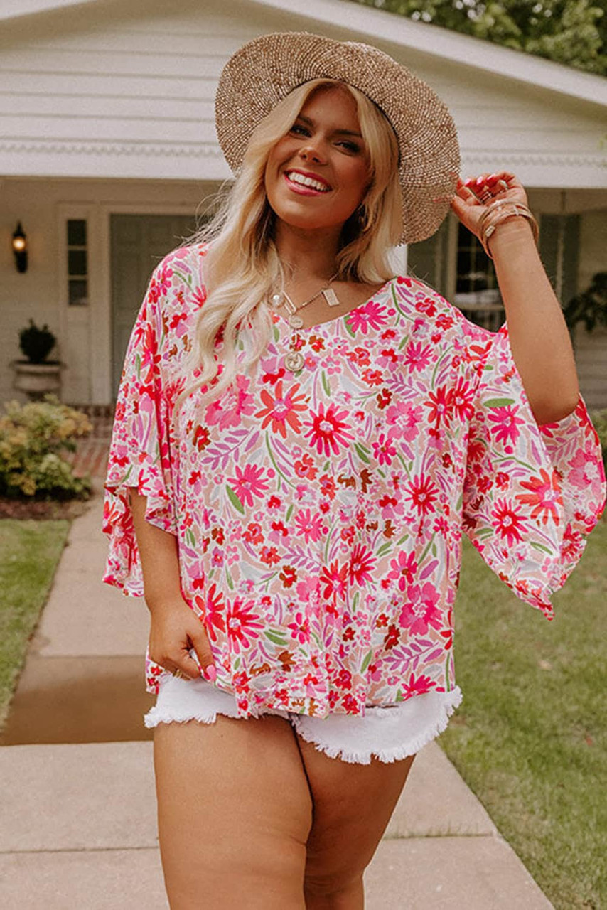 Pink Floral Ruffled Half Sleeve V-Neck Plus Size Blouse