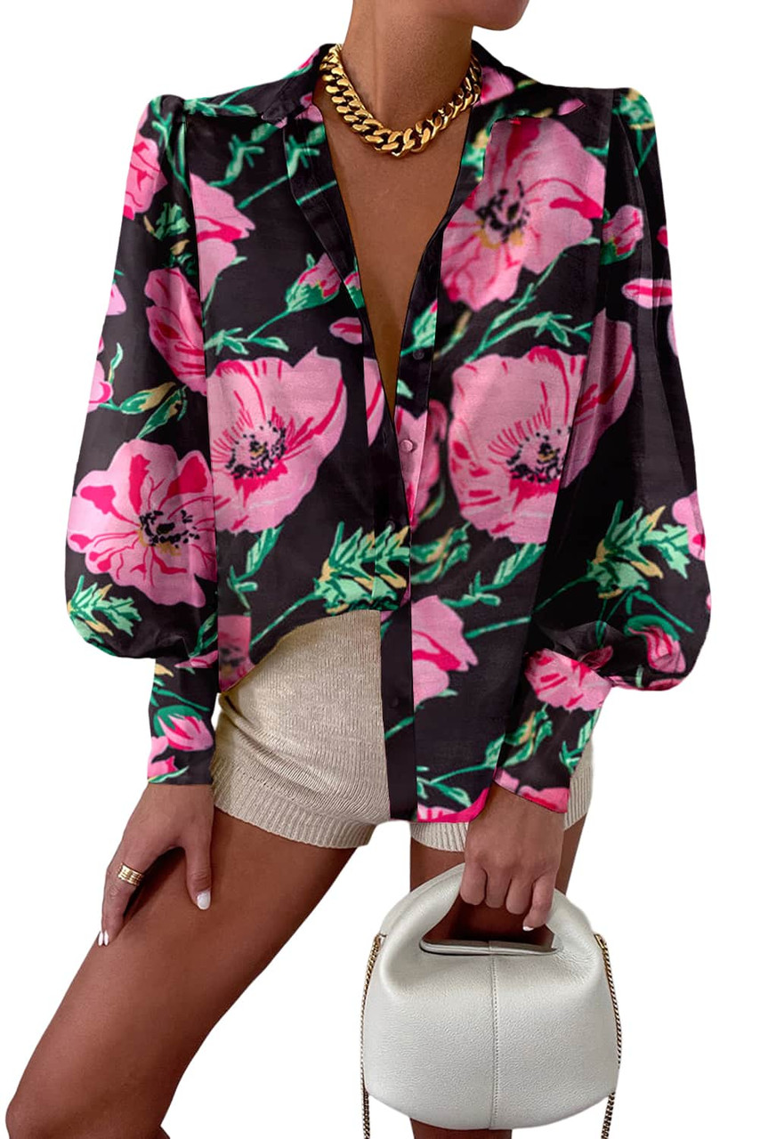 Floral Print Lantern Sleeve Shirt