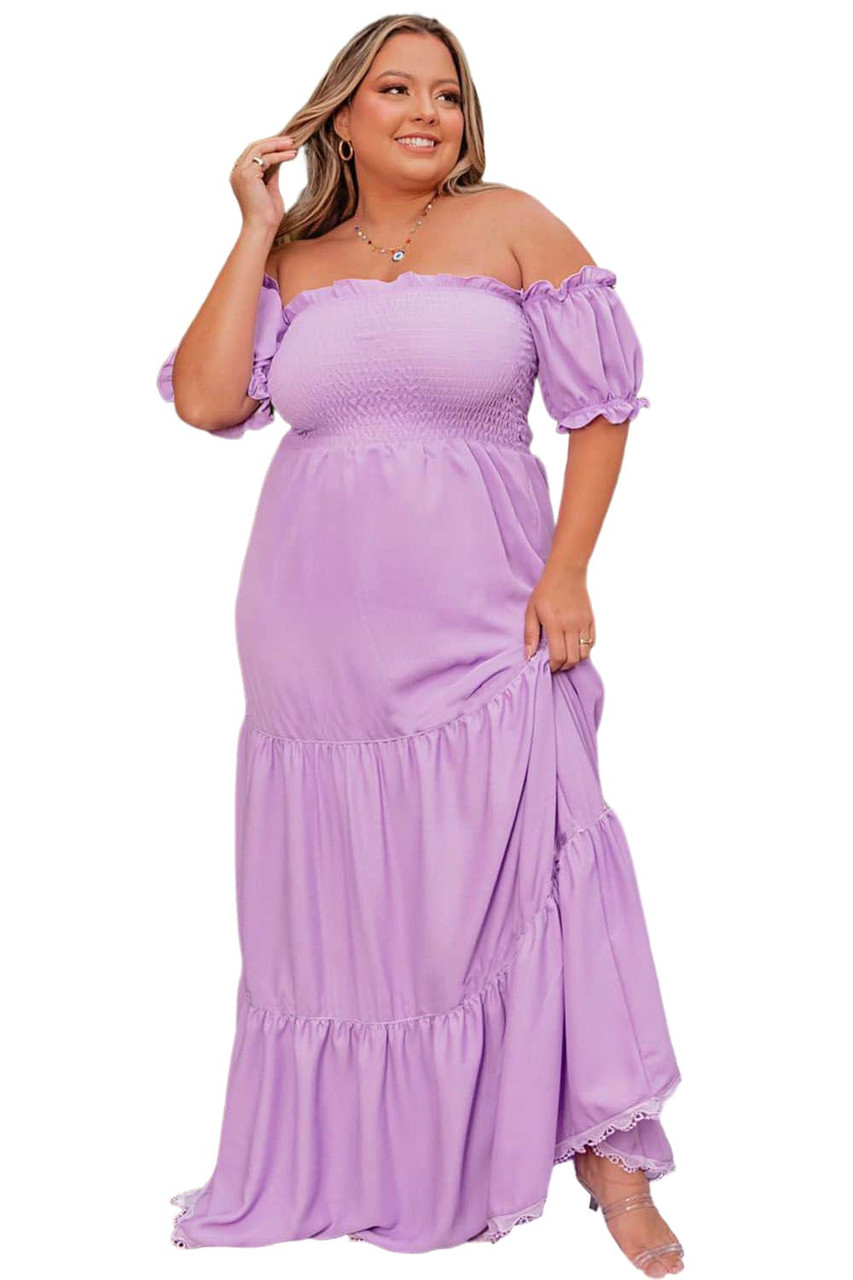 Purple Ruffled Smocked Off Shoulder Plus Size Maxi Dress