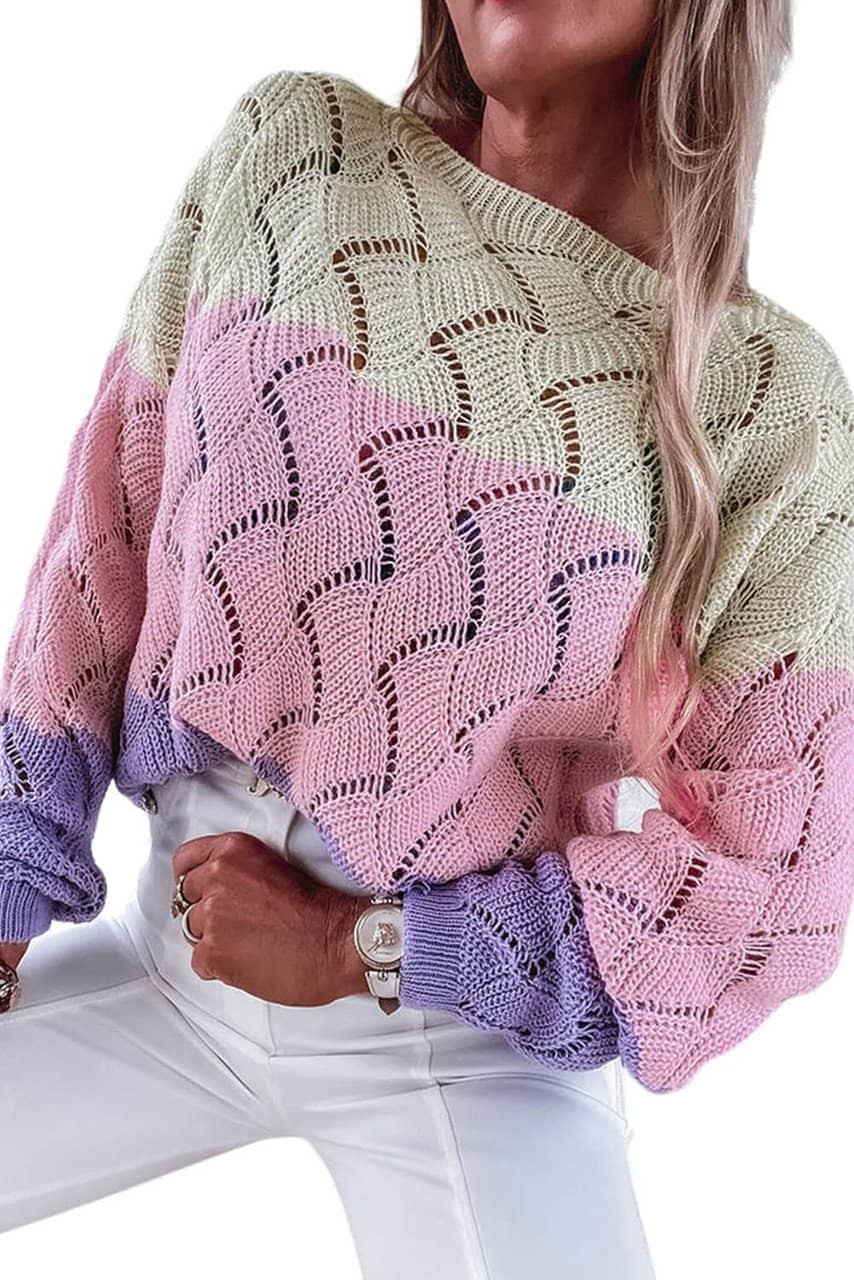 Pink Color Block Hollow Knitted Loose Sweater