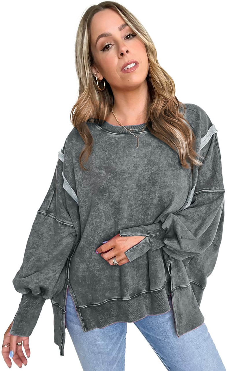 Gray Acid Wash Relaxed Fit Seamed Pullover Sweatshirt with Slits