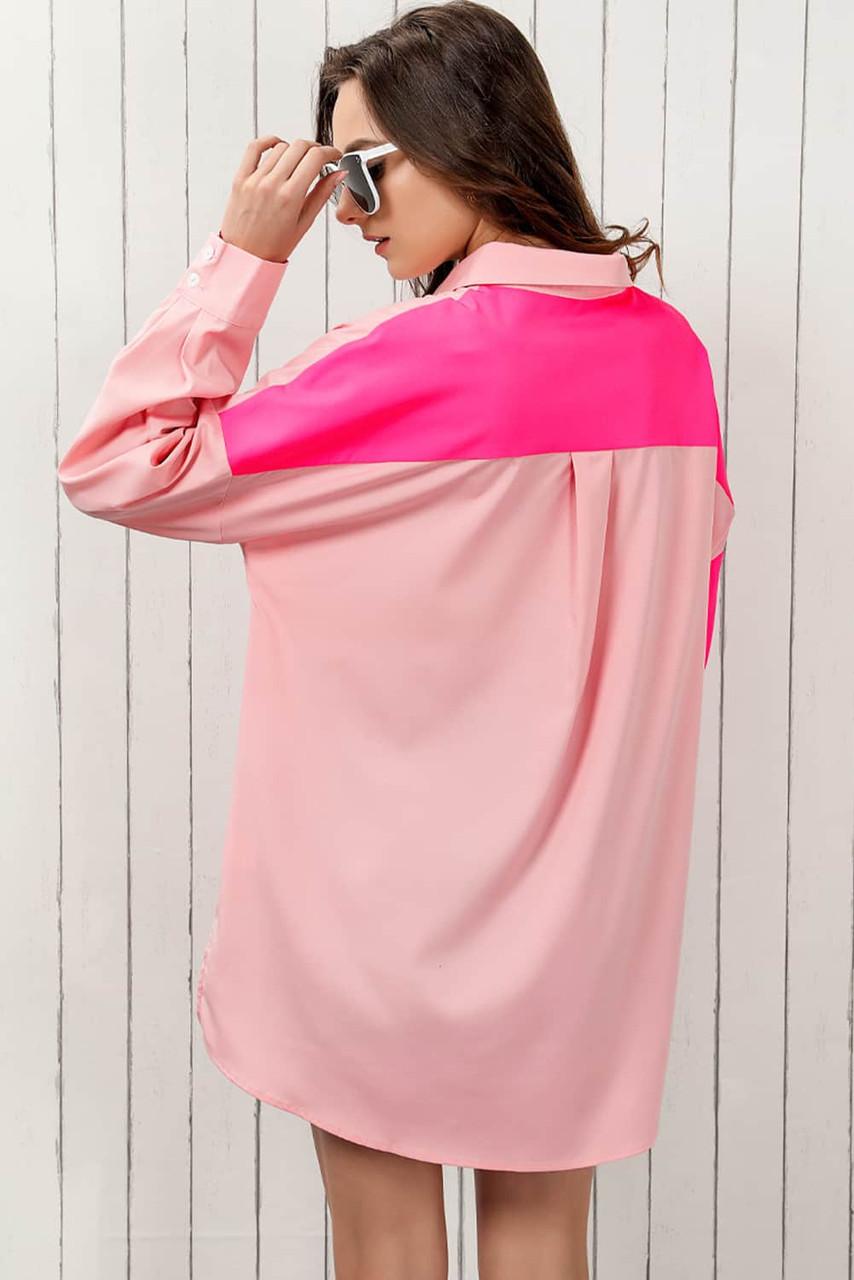 Pink Color Block Patchwork Oversized Shirt