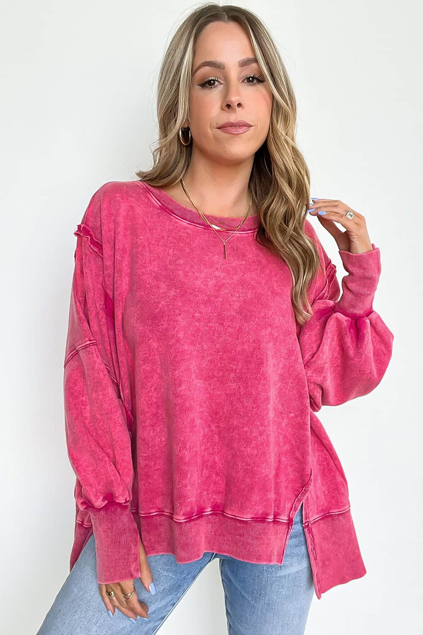 Rose Acid Wash Relaxed Fit Seamed Pullover Sweatshirt with Slits