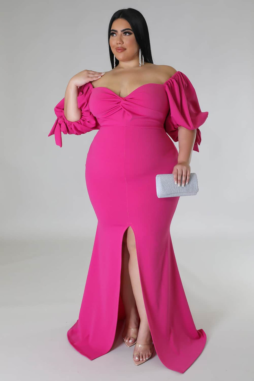 Rose Bow Tie Puff Sleeve Plus Size High Slit Maxi Dress