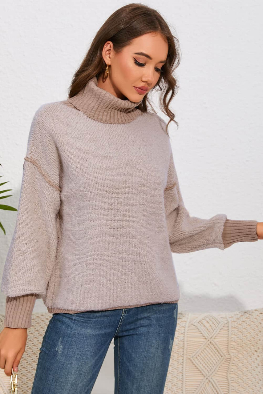 Khaki Contrast Ribbed Turtleneck Sweater