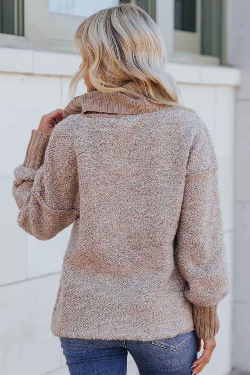 Khaki Contrast Ribbed Turtleneck Sweater