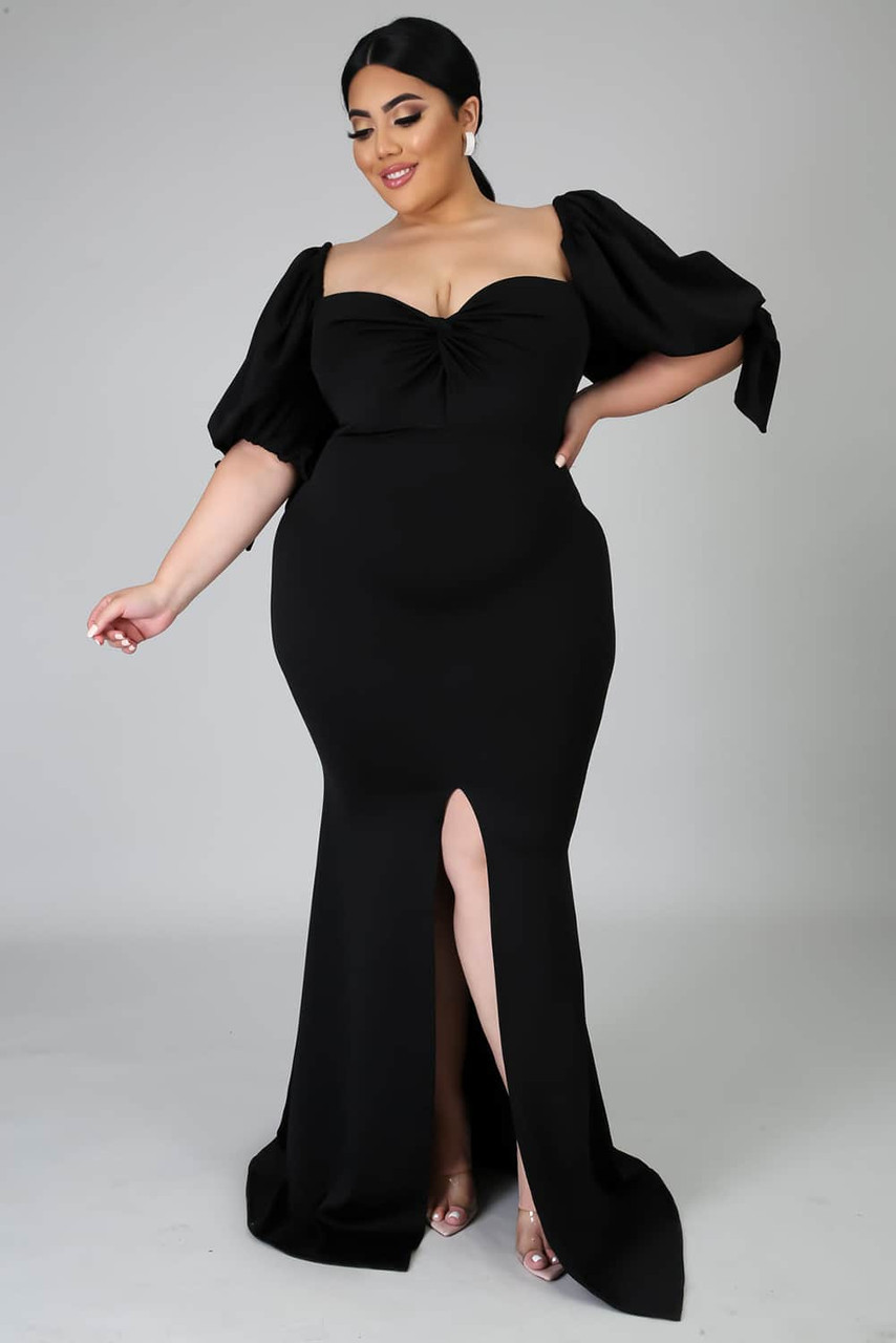 Black Bow Tie Puff Sleeve Plus Size High Slit Maxi Dress