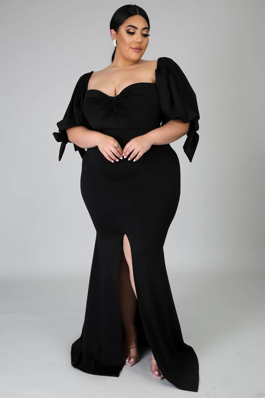 Black Bow Tie Puff Sleeve Plus Size High Slit Maxi Dress