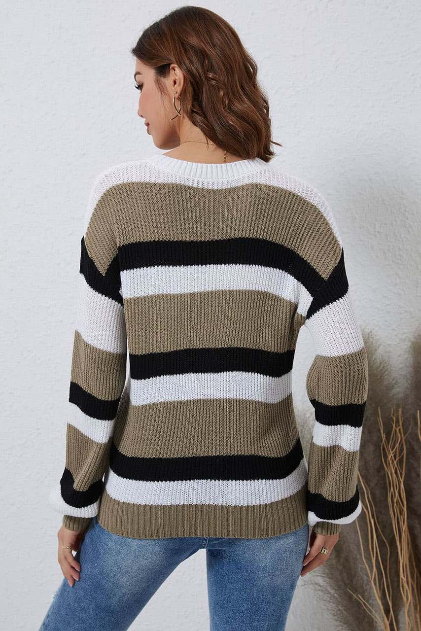 Gray Striped Colorblock Pattern Knit Sweater