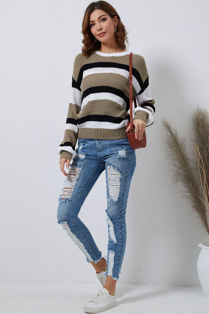 Gray Striped Colorblock Pattern Knit Sweater