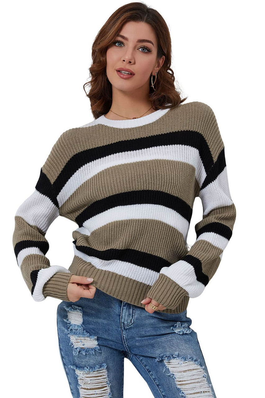 Gray Striped Colorblock Pattern Knit Sweater