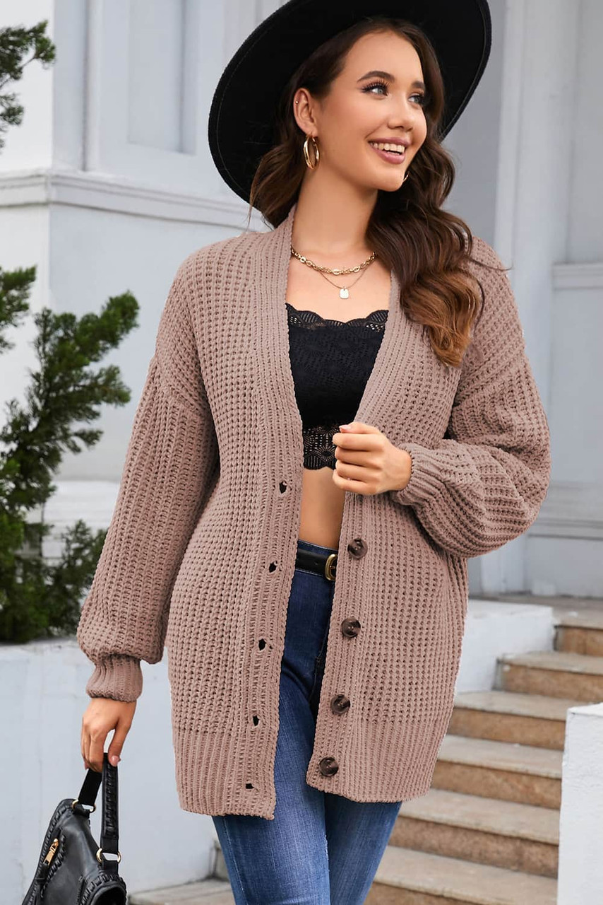 Khaki Buttoned Front Drop Shoulder Knitted Cardigan