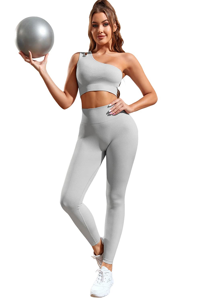 Gray Single Split Shoulder Ribbed Cropped Sports Top