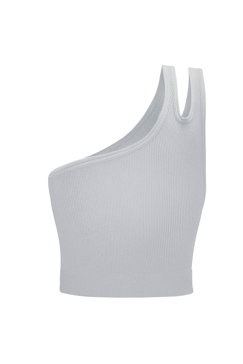 Gray Single Split Shoulder Ribbed Cropped Sports Top