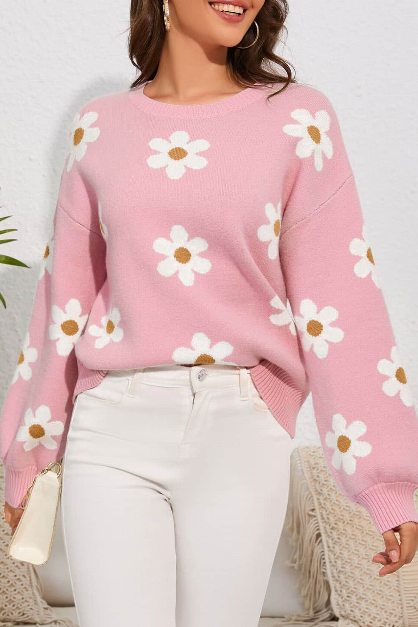 Pink Floral Pattern Drop Shoulder Sweater