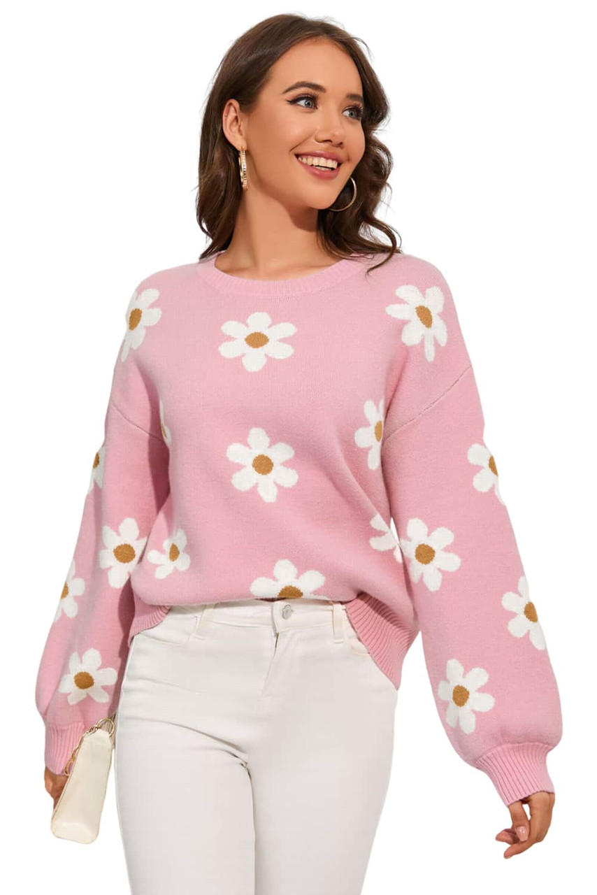 Pink Floral Pattern Drop Shoulder Sweater