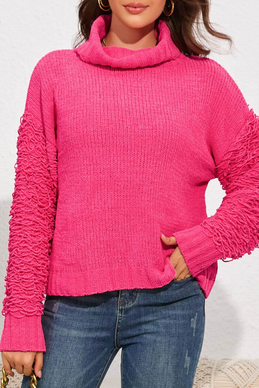 Pink Ribbed Turtleneck Fuzzy Sleeve Knit Sweater