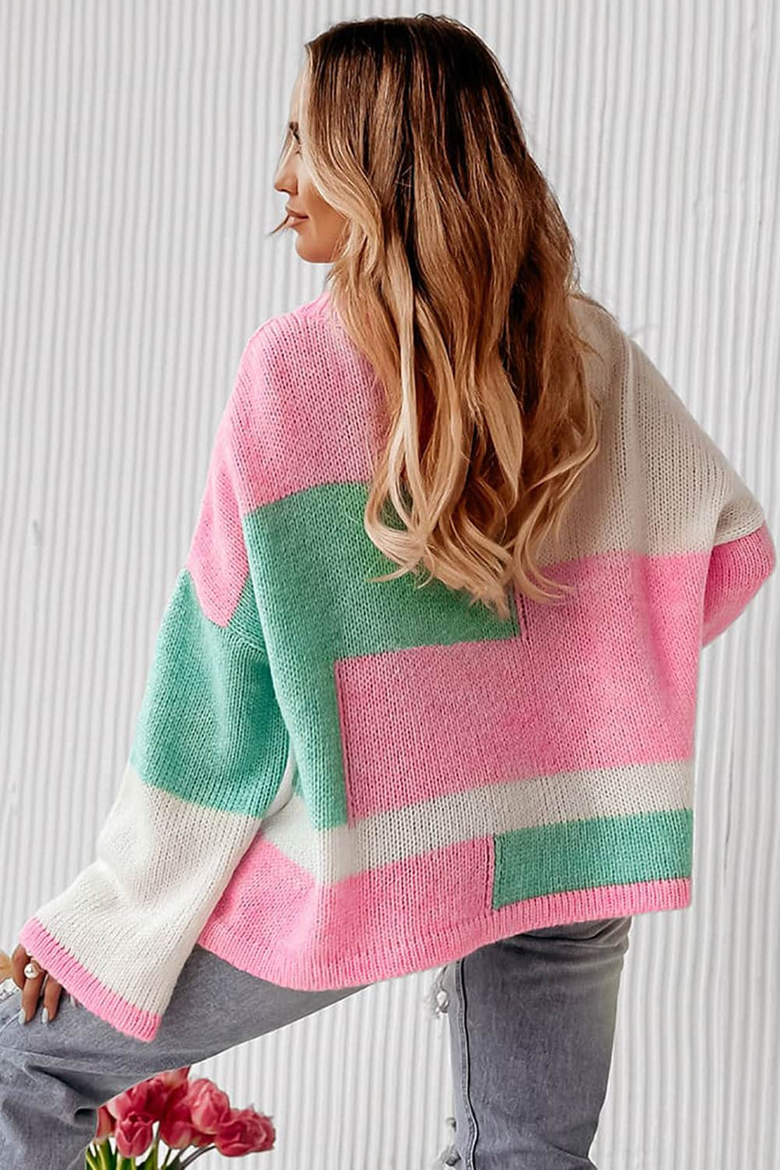 Pink Colorblock Drop Shoulder Bell Sleeve Sweater