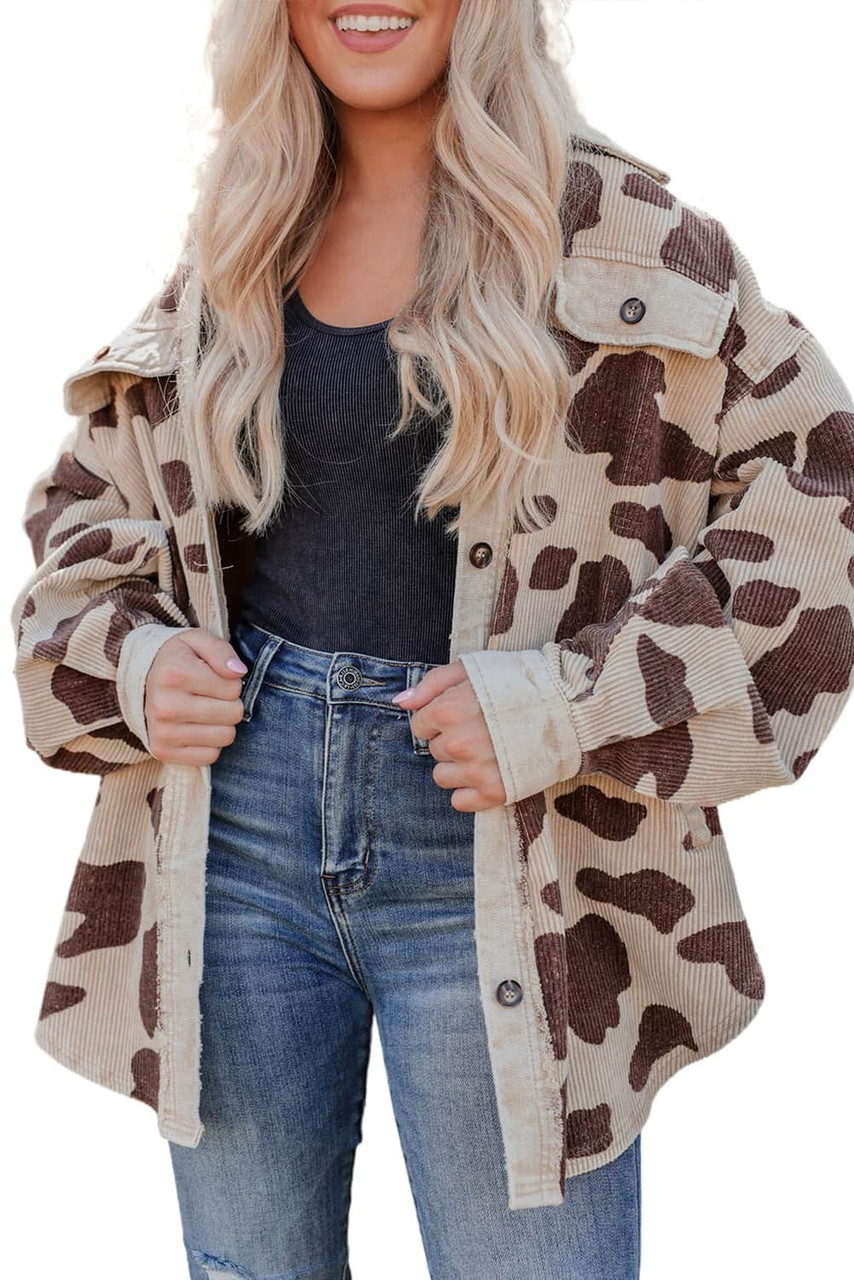 Khaki Cow Spots Printed Corduroy Shacket