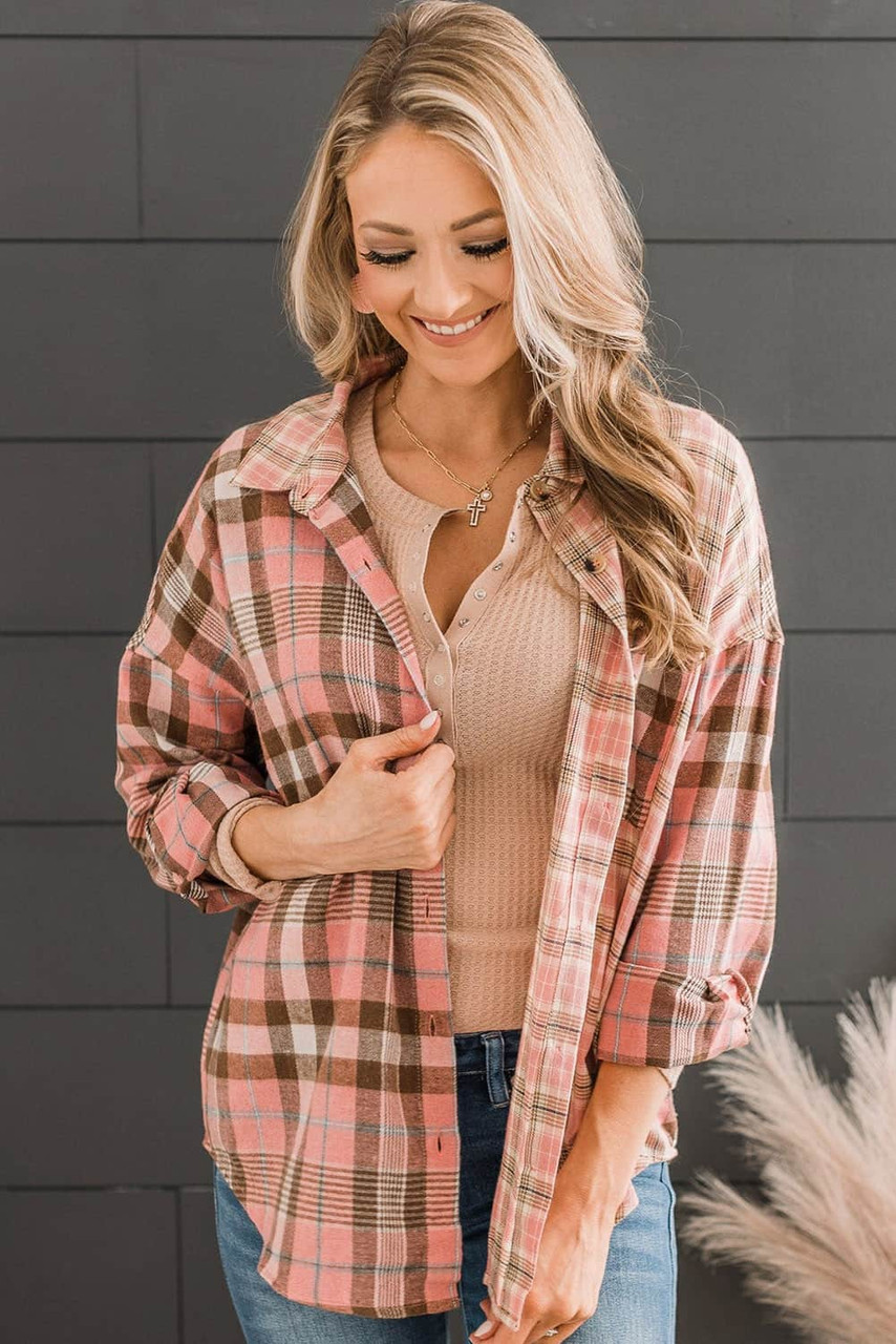 Pink Drop Shoulder Rounded Hem Plaid Pattern Shirt