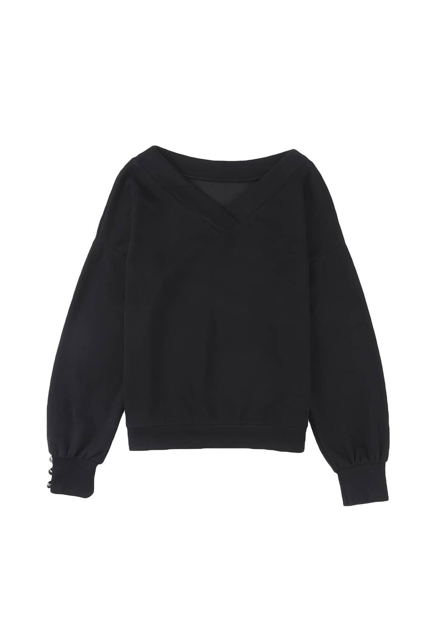 Black Knitted V Neck Buttoned Cuffs Sweater