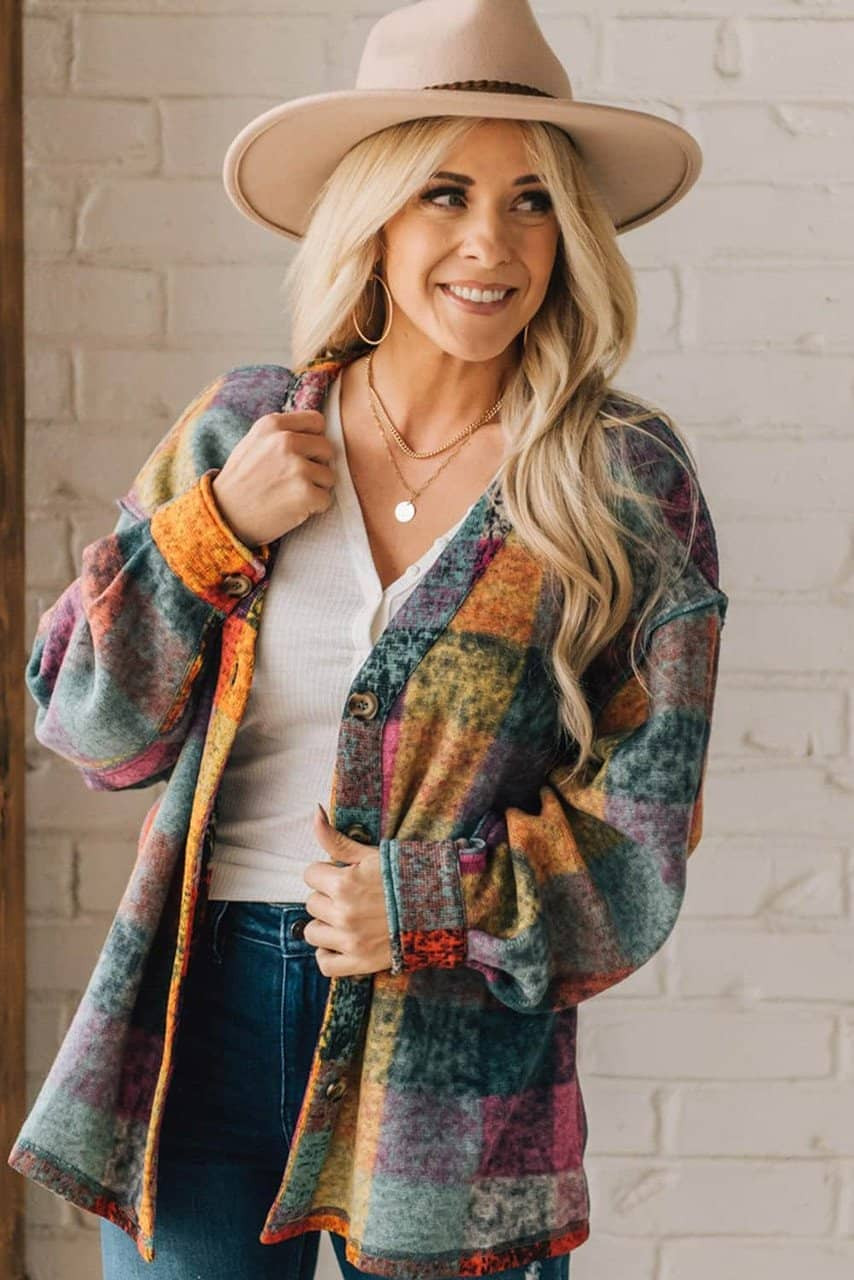 Multicolor Brushed Checked Western Buttoned Jacket Multicolor Brushed Checked Western Buttoned Jacket
