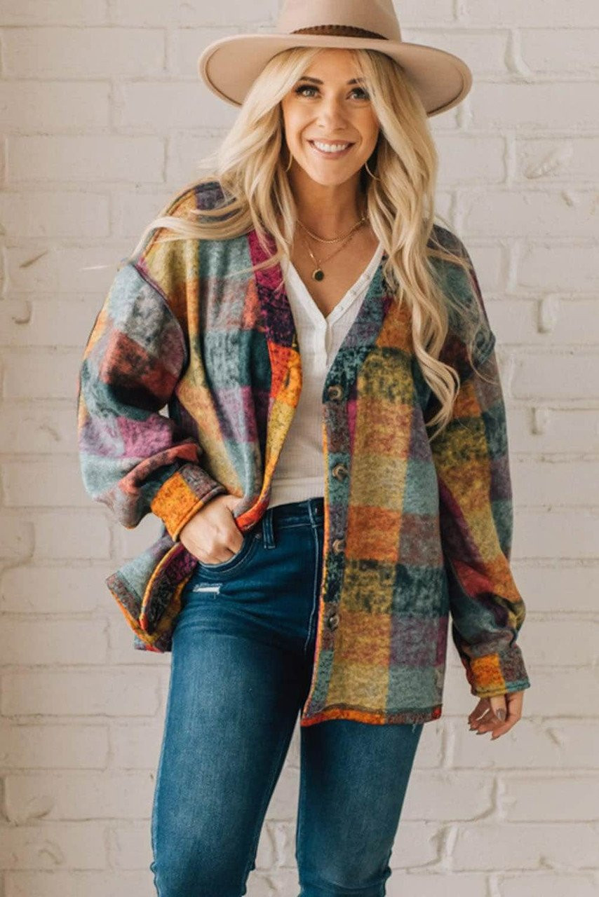 Multicolor Brushed Checked Western Buttoned Jacket Multicolor Brushed Checked Western Buttoned Jacket