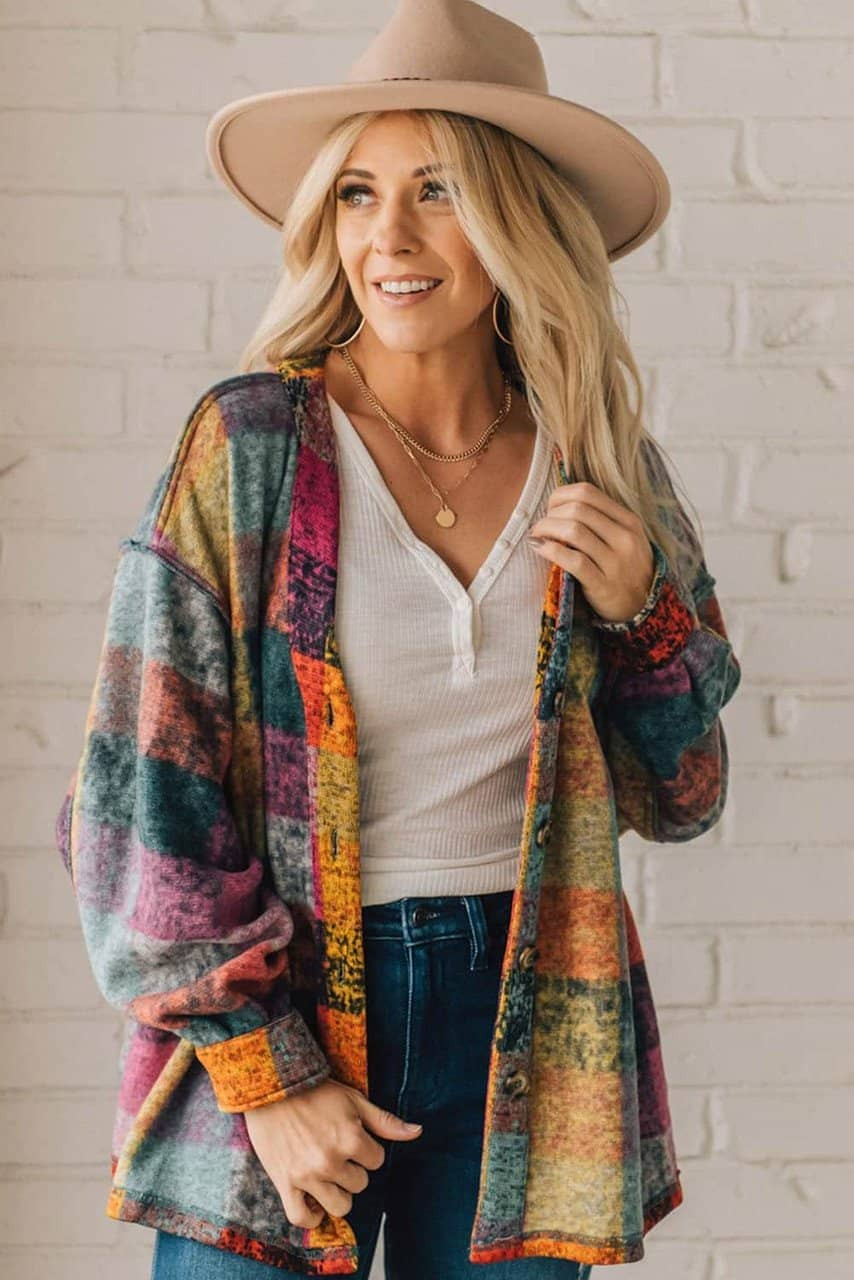 Multicolor Brushed Checked Western Buttoned Jacket Multicolor Brushed Checked Western Buttoned Jacket