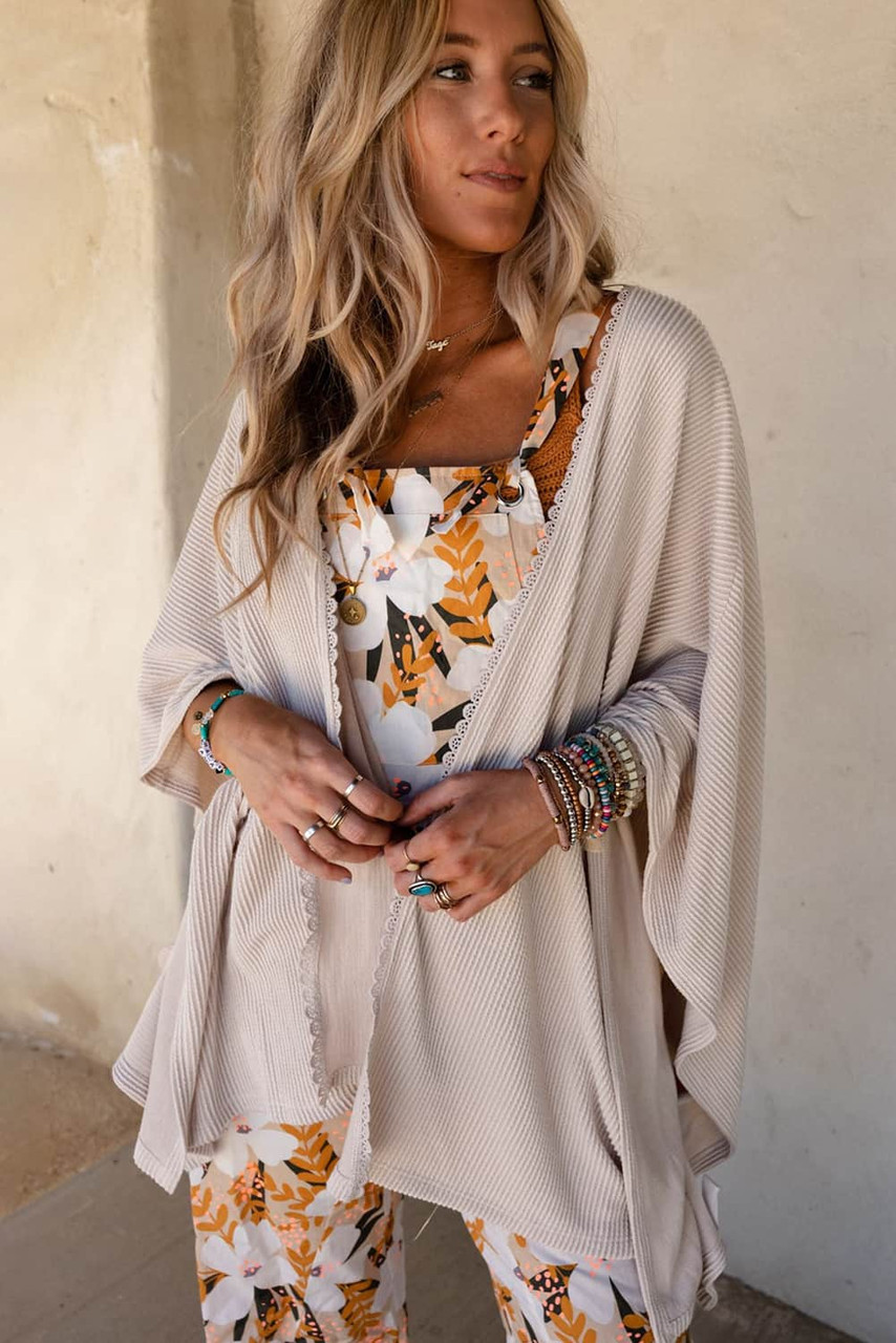 Apricot Lace Trim Ribbed Oversize Kimono