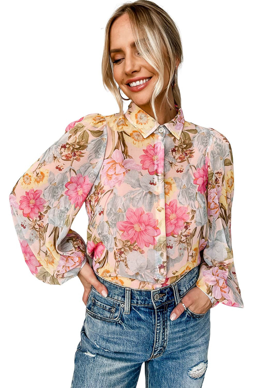 Pink All Floral Puff Sleeve Collared Shirt