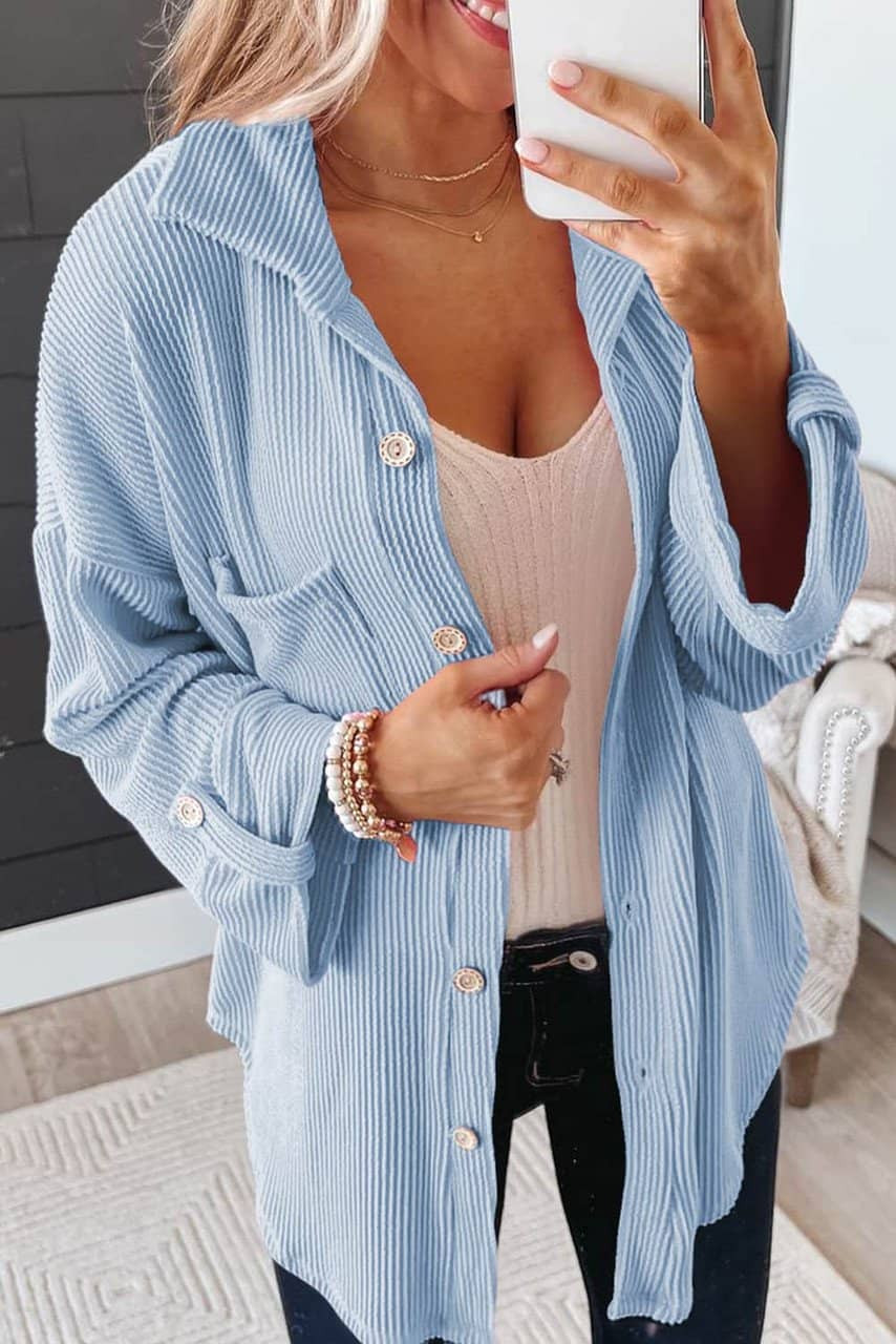 Sky Blue Roll Tab Sleeve Ribbed Cording Shacket Sky Blue Roll Tab Sleeve Ribbed Cording Shacket
