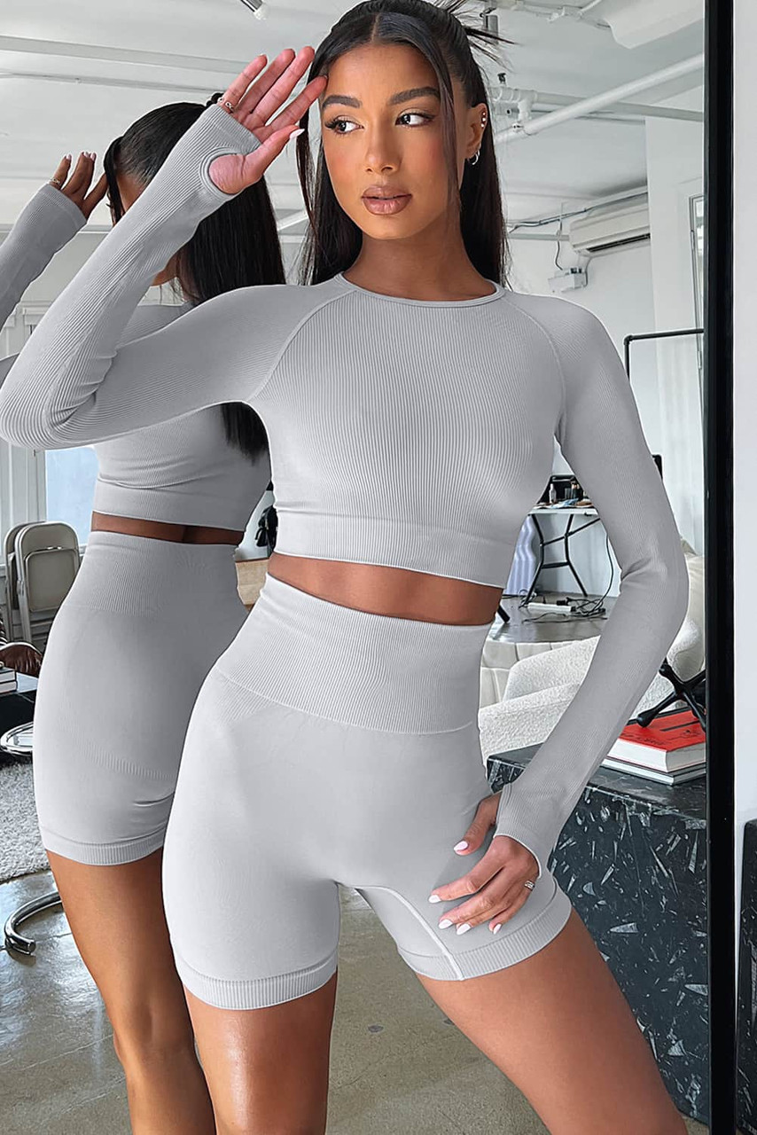 Gray Long Sleeve Seamless Crop Smoke