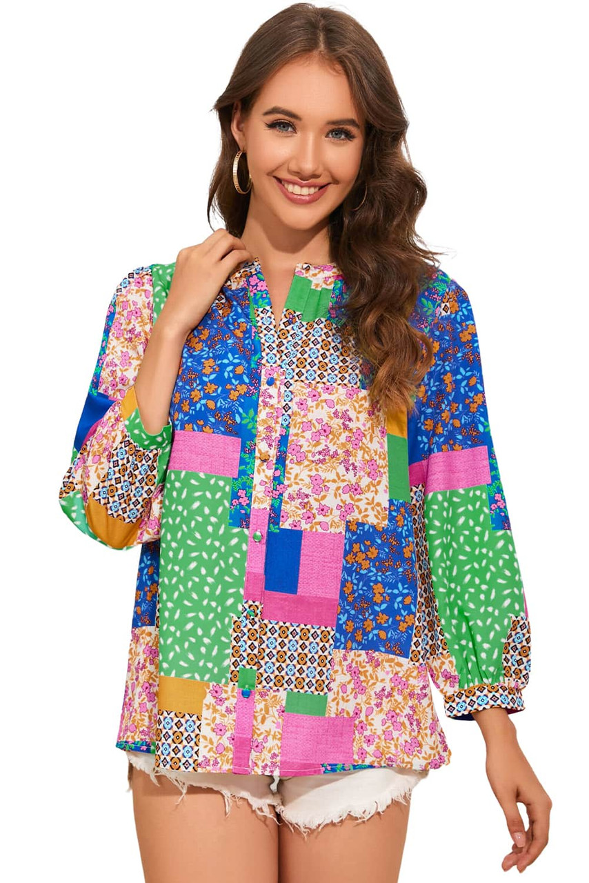 Multicolor Floral Patchwork Print Buttoned Puff Sleeve Shirt