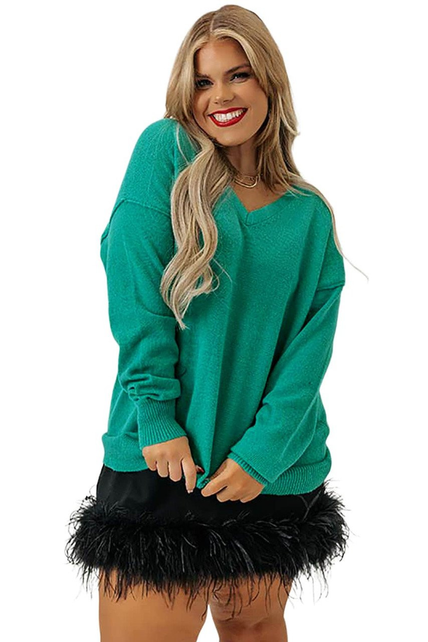 Green Plus Size Drop Shoulder V Neck Sweater