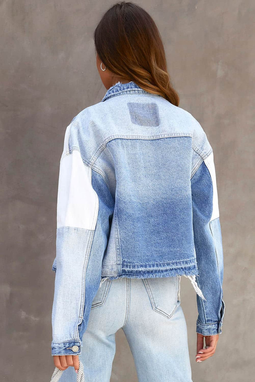 Sky Blue Color Block Denim Patchwork Frayed Hem Jacket