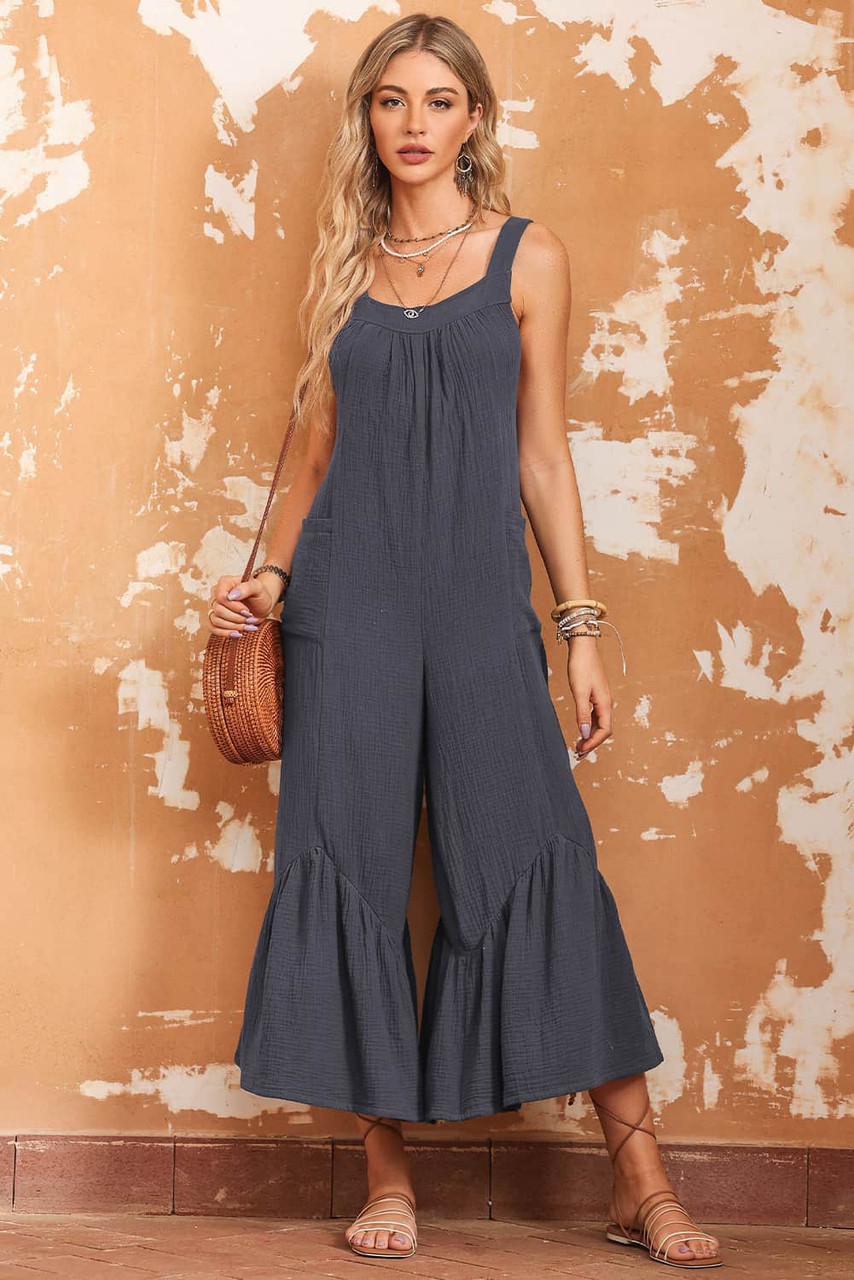 Gray Wide Leg Ruffle Jumpsuit